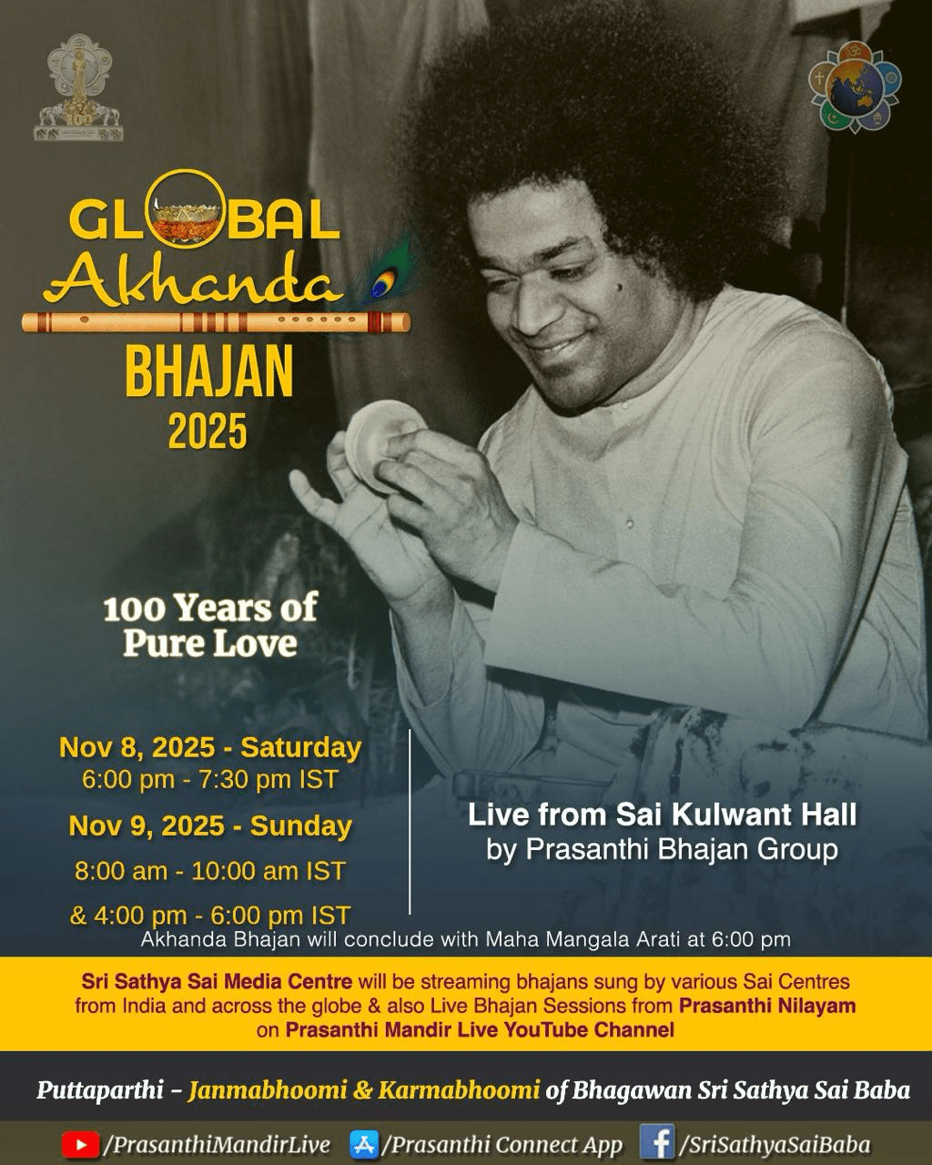 Sri Sathya Sai Global Akhanda Bhajan | Prasanthi Nilayam | November 8-9, 2025 | Program Schedule