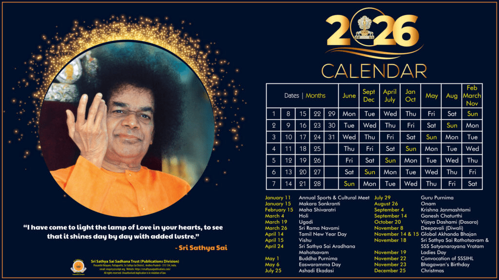Calendar of celebrations in Prashanti Nilayam for 2026